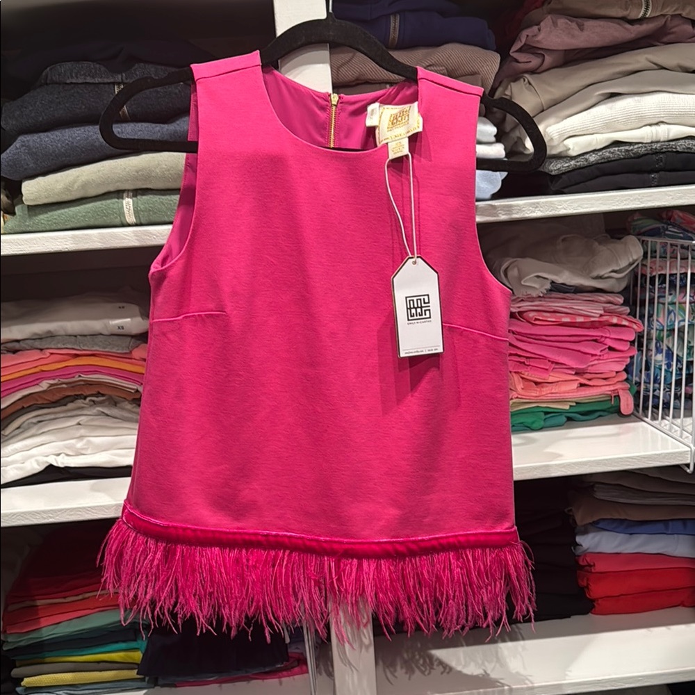 Emily McCarthy XS Pink Sleeveless Top with Feather Trim